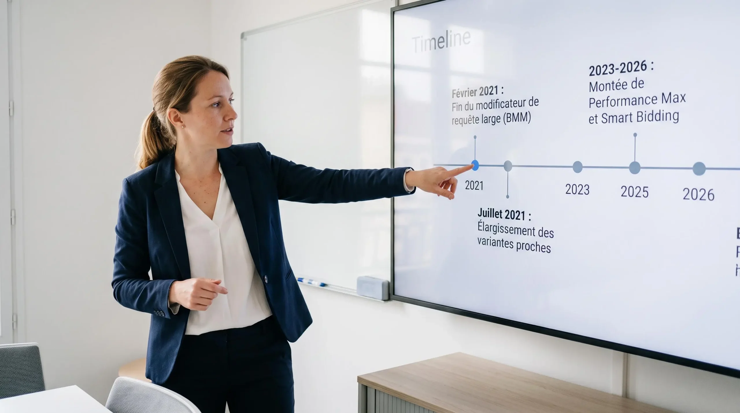 Consultante Google Ads présentant la chronologie d'évolution de la plateforme de 2021 à 2026 devant un écran de présentation