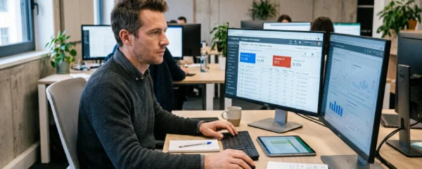Spécialiste Google Ads français analysant des métriques de campagne sur interface dashboard avec deux écrans dans une agence digitale