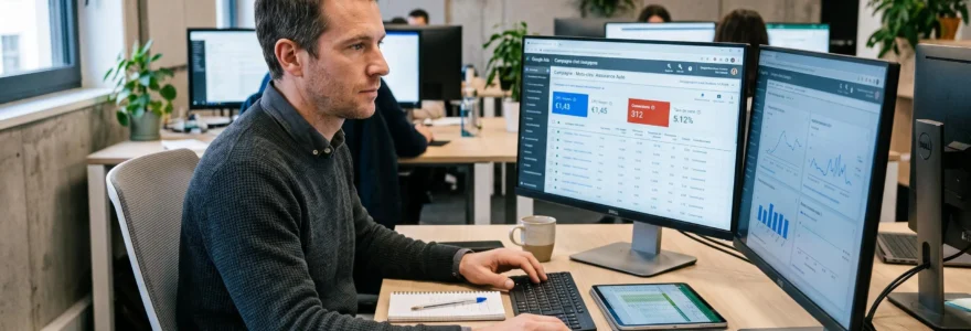 Spécialiste Google Ads français analysant des métriques de campagne sur interface dashboard avec deux écrans dans une agence digitale