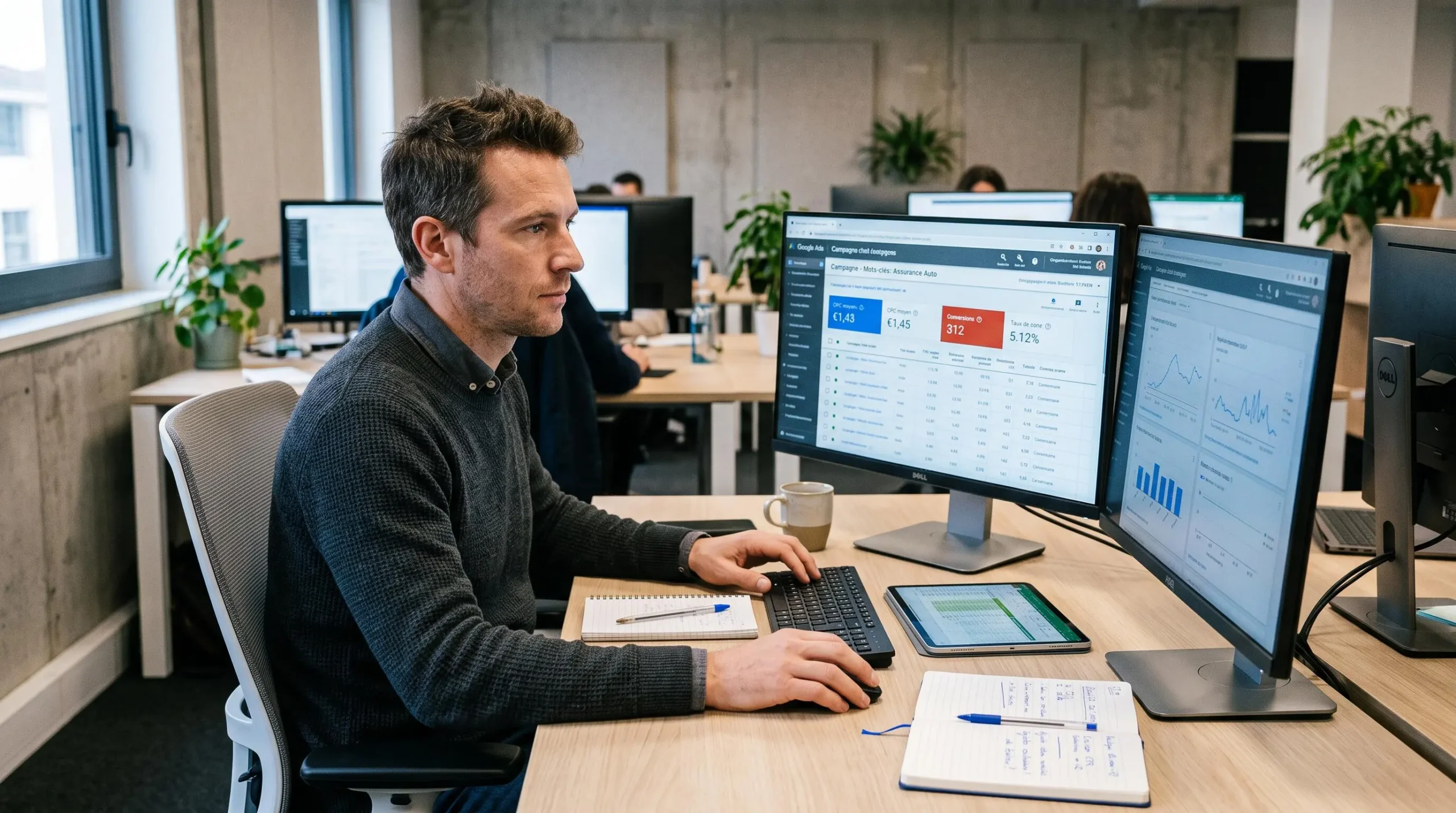 Spécialiste Google Ads français analysant des métriques de campagne sur interface dashboard avec deux écrans dans une agence digitale